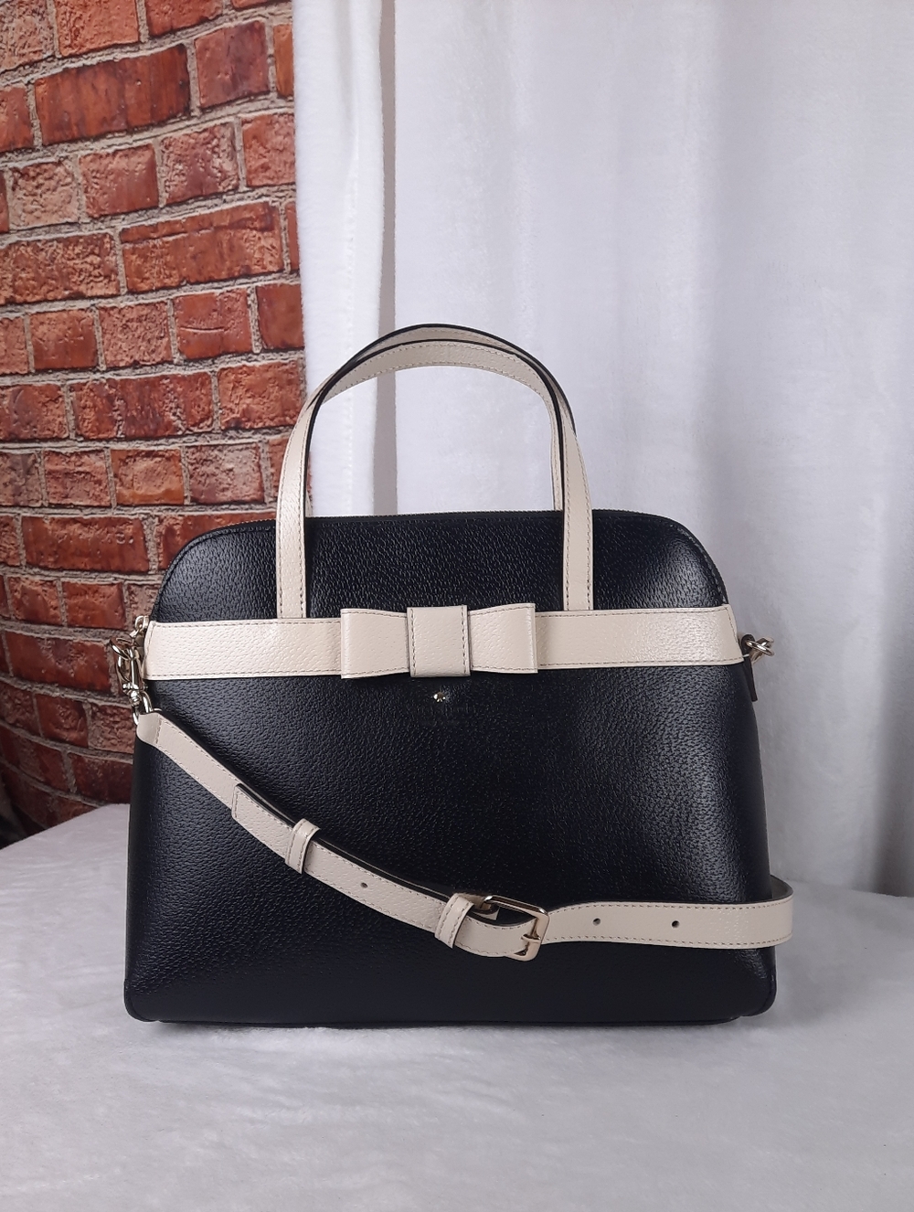 Kate Spade Black Genuine Leather Dome Satchel With Bone White Trim